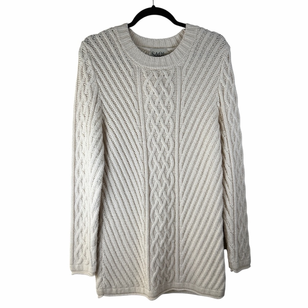 SAOL Women’s Cream Aran Tunic Length‎ Sweater 70% Acrylic 30% Wool Size Large
